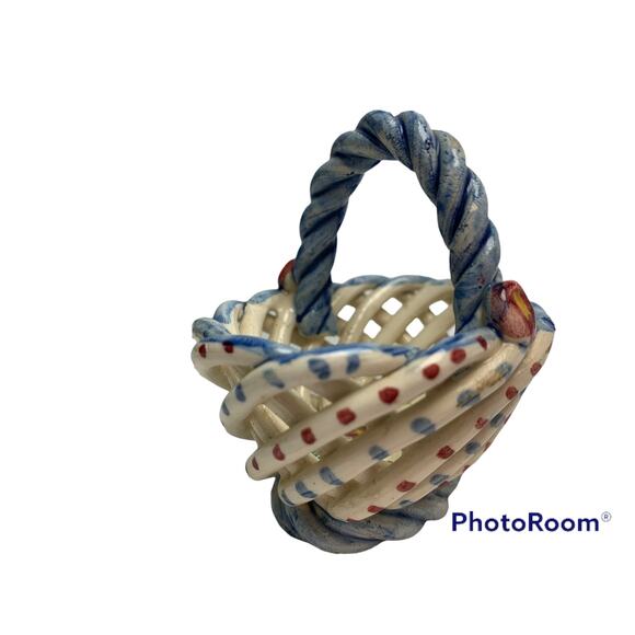 Mini Delicate Hand Painted Porcelain Pottery Rose Woven Basket from Spain - Picture 3 of 12